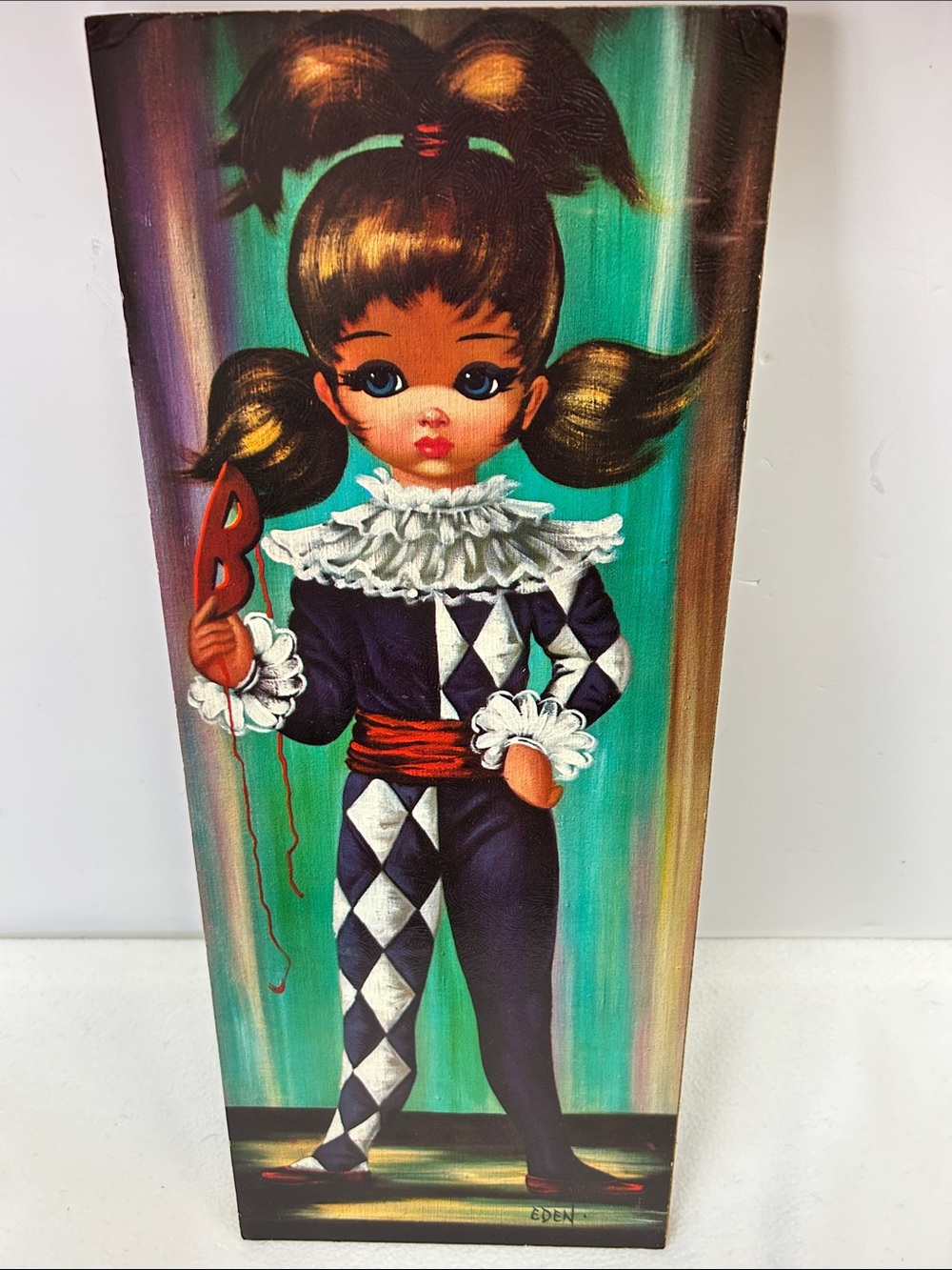 Vintage Mid Century 1960’s 20x8 Big Eyed Harlequin Girl lithograph by EDEN